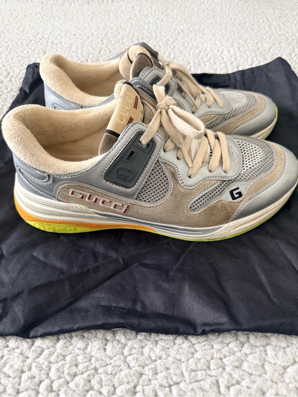 Gucci Ultrapace Metallic Silver & Beige Suede Sneakers Size 41